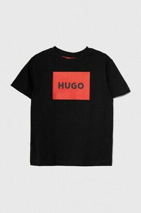 Otroška bombažna kratka majica HUGO črna barva - črna. Otroške kratka majica iz kolekcije HUGO. Model izdelan iz tanke