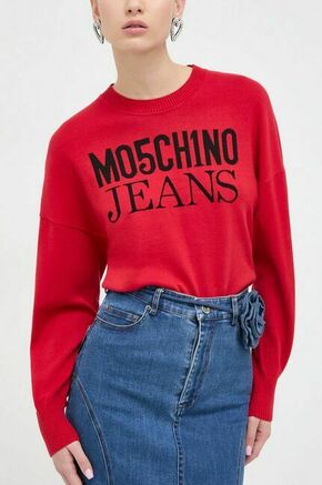 Bombažen pulover Moschino Jeans rdeča barva - rdeča. Pulover iz kolekcije Moschino Jeans. Model izdelan iz vzorčaste pletenine. Model iz izjemno udobne bombažne tkanine.