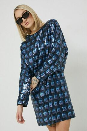 Obleka HUGO - modra. Obleka iz kolekcije HUGO. Ohlapen model izdelan iz materiala s cekini.