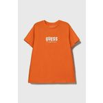 Otroška kratka majica Guess oranžna barva - oranžna. Otroške kratka majica iz kolekcije Guess, izdelana iz pletenine s potiskom. Model iz izjemno udobne tkanine z visoko vsebnostjo bombaža.