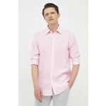 Lanena srajca BOSS roza barva - roza. Srajca iz kolekcije BOSS. Model izdelan iz enobarvne tkanine. Ima klasičen ovratnik. Izjemno udoben, laneni material.