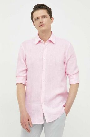 Lanena srajca BOSS roza barva - roza. Srajca iz kolekcije BOSS. Model izdelan iz enobarvne tkanine. Ima klasičen ovratnik. Izjemno udoben