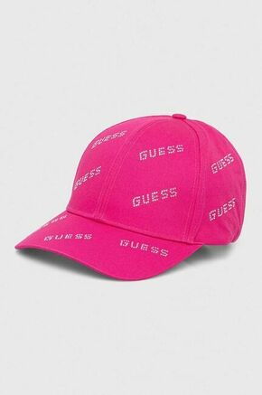 Bombažna bejzbolska kapa Guess vijolična barva - roza. Kapa s šiltom vrste baseball iz kolekcije Guess. Model izdelan iz tkanine z nalepko.