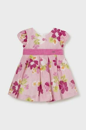 Lanena obleka za dojenčke Mayoral roza barva - roza. Za dojenčke obleka iz kolekcije Mayoral. Model izdelan iz vzorčaste tkanine.