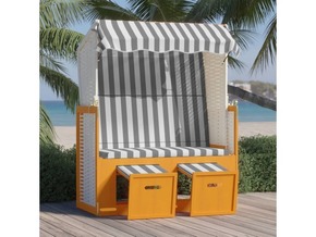 VIDAXL Stol za na plažo s streho poli ratan in trden les bel in siv