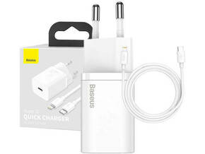 BASEUS Super Si hitri polnilec 1C 20W s kablom USB-C na Lightning 1m (bela)