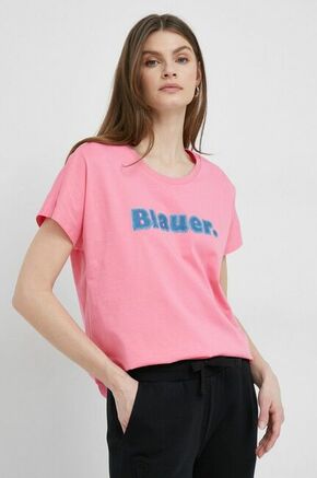 Bombažna kratka majica Blauer roza barva - roza. Ohlapna kratka majica iz kolekcije Blauer. Model izdelan iz tanke