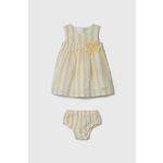 Obleka iz lanene mešanice za dojenčke Guess rumena barva - rumena. Obleka za dojenčke iz kolekcije Guess. Nabran model, izdelan iz vzorčastega materiala.