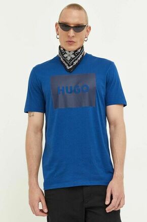 Bombažna kratka majica HUGO - modra. Ohlapna kratka majica iz kolekcije HUGO. Model izdelan iz tanke