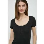 Kratka majica Guess ženski, črna barva - črna. Kratka majica iz kolekcije Guess, izdelana iz tanke, elastične pletenine. Material z optimalno elastičnostjo zagotavlja popolno svobodo gibanja.