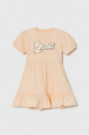 Otroška obleka Guess oranžna barva - oranžna. Otroški obleka iz kolekcije Guess. Model izdelan iz pletenine z nalepko. Model iz izjemno udobne tkanine z visoko vsebnostjo bombaža.