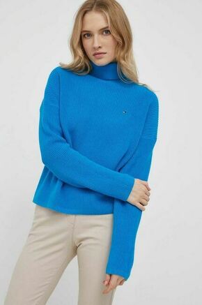 Bombažen pulover Tommy Hilfiger - modra. Pulover iz kolekcije Tommy Hilfiger. Model izdelan iz enobarvne pletenine. Model iz izjemno udobne bombažne tkanine.