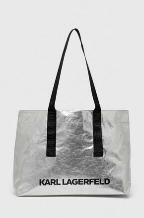Bombažna torba Karl Lagerfeld srebrna barva - srebrna. Velika nakupovalna torbica iz kolekcije Karl Lagerfeld. Model na zapenjanje