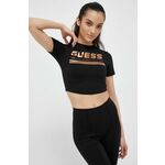 Kratka majica Guess ženski, črna barva - črna. Kratka majica iz kolekcije Guess, izdelana iz tanke, zelo elastične pletenine. Zelo elastičen material zagotavlja popolno svobodo gibanja.