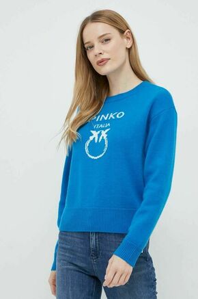 Volnen pulover Pinko ženski - modra. Pulover iz kolekcije Pinko. Model z okroglim izrezom