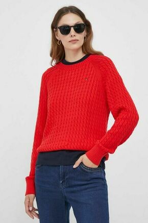 Bombažen pulover Tommy Hilfiger rdeča barva - rdeča. Pulover iz kolekcije Tommy Hilfiger. Model izdelan iz enobarvne pletenine. Model iz izjemno udobne bombažne tkanine.