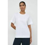 Kratka majica BOSS ženski, bela barva - bela. Kratka majica iz kolekcije BOSS, izdelana iz enobarvne pletenine. Model iz izjemno udobne tkanine z visoko vsebnostjo bombaža.