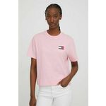 Bombažna kratka majica Tommy Jeans ženski, roza barva - roza. Kratka majica iz kolekcije Tommy Jeans, izdelana iz tanke, elastične pletenine. Model iz izjemno udobne bombažne tkanine.