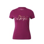 Kratka majica Guess ženski, vijolična barva - vijolična. Kratka majica iz kolekcije Guess, izdelana iz pletenine s potiskom. Model iz izjemno udobne tkanine z visoko vsebnostjo bombaža.