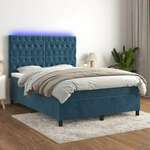 Greatstore Box spring postelja z vzmetnico LED temno modra 140x200cm žamet