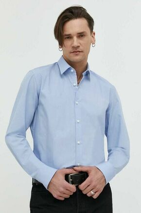 Bombažna srajca HUGO moška - modra. Srajca iz kolekcije HUGO. Model izdelan iz enobarvnega materiala. Ima klasičen