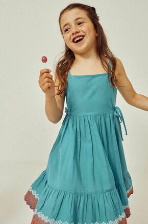 Otroška obleka z mešanico lanu zippy - modra. Otroški Obleka iz kolekcije zippy. Nabran model