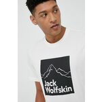 Bombažna kratka majica Jack Wolfskin bež barva - bež. Kratka majica iz kolekcije Jack Wolfskin. Model izdelan iz pletenine s potiskom. Izjemno udoben material, izdelan iz naravnih vlaken.