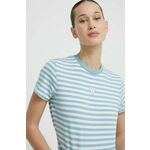 Kratka majica Guess Originals ženski - modra. Kratka majica iz kolekcije Guess Originals, izdelana iz tanke, elastične pletenine. Model iz izjemno udobne tkanine z visoko vsebnostjo bombaža.