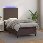 Vidaxl Box spring postelja z vzmetnico LED rjava 90x200 cm um. usnje