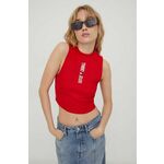 Top Tommy Jeans ženski, rdeča barva - rdeča. Top iz kolekcije Tommy Jeans, izdelana iz elastične pletenine. Model iz izjemno udobne bombažne tkanine.