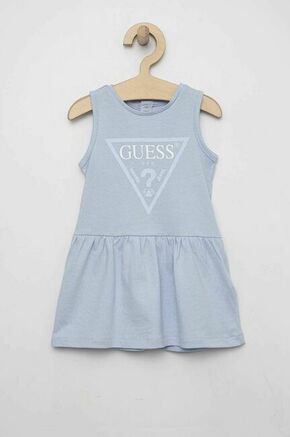 Otroška bombažna obleka Guess - modra. Obleka za dojenčke iz kolekcije Guess. Nabran model izdelan iz materiala s potiskom.