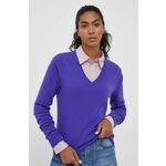 Volnen pulover United Colors of Benetton ženski, vijolična barva - vijolična. Pulover iz kolekcije United Colors of Benetton. Model izdelan iz enobarvne pletenine. Deviška volna je lažja od klasične volne. Odlikujejo jo izjemna mehkoba, finost in...