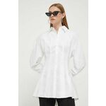 Bombažna srajca HUGO ženska, bela barva - bela. Srajca iz kolekcije HUGO, izdelana iz enobarvne tkanine. Model iz zračne bombažne tkanine.