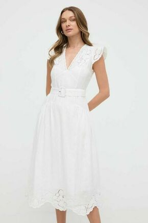 Lanena obleka Twinset bela barva - bela. Obleka iz kolekcije Twinset. Model izdelan iz enobarvne tkanine. Model iz zračne lanene tkanine.
