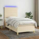 Greatstore Box spring postelja z vzmetnico LED krem 80x200 cm blago