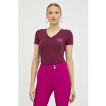 Kratka majica Guess ženski, vijolična barva - vijolična. Kratka majica iz kolekcije Guess, izdelana iz tanke, elastične pletenine. Model iz izjemno udobne tkanine z visoko vsebnostjo bombaža.