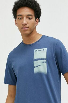 Bombažna kratka majica Columbia - modra. Kratka majica iz kolekcije Columbia. Model izdelan iz pletenine s potiskom. Tanek