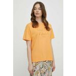 Kratka majica Mos Mosh ženski, oranžna barva - oranžna. Kratka majica iz kolekcije Mos Mosh, izdelana iz pletenine z nalepko. Model iz izjemno udobne tkanine z visoko vsebnostjo viskoze.