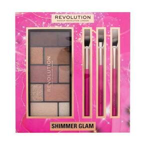 Makeup Revolution Shimmer Glam Eye Gift Set Set paletka senčil za oči Reloaded Dimension Eyeshadow Palette 27 g Neutral Charm + kozmetični čopič za senčilo za oči 3 kos