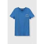 Otroška bombažna kratka majica Tommy Hilfiger - modra. Otroške kratka majica iz kolekcije Tommy Hilfiger, izdelana iz pletenine s potiskom. Model iz izjemno udobne bombažne tkanine.