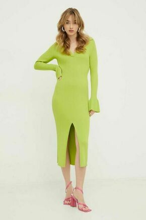 Obleka HUGO zelena barva - zelena. Obleka iz kolekcije HUGO. Model izdelan iz rebraste pletenine. Model iz izjemno udobne tkanine z visoko vsebnostjo viskoze.