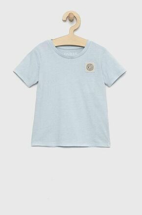 Otroška bombažna kratka majica Guess - modra. Otroški Lahkotna kratka majica iz kolekcije Guess. Model izdelan iz tanke