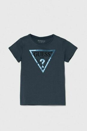 Otroška bombažna kratka majica Guess - modra. Otroške lahkotna kratka majica iz kolekcije Guess. Model izdelan iz pletenine