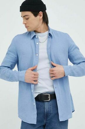 Lanena srajca Drykorn Ruben - modra. Srajca iz kolekcije Drykorn. Model izdelan iz enobarvne tkanine. Ima klasičen