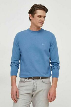 Bombažen pulover BOSS - modra. Pulover iz kolekcije BOSS. Model izdelan iz melange pletenine. Model iz izjemno udobne bombažne tkanine.