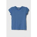 Otroška kratka majica Tommy Hilfiger - modra. Otroške kratka majica iz kolekcije Tommy Hilfiger. Model izdelan iz tanke, elastične pletenine. Model iz izjemno udobne tkanine z visoko vsebnostjo bombaža.