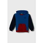 Otroški bombažen pulover United Colors of Benetton s kapuco - modra. Otroški pulover s kapuco iz kolekcije United Colors of Benetton, izdelan iz pletenine s potiskom. Model iz izjemno udobne bombažne tkanine.