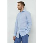 Lanena srajca BOSS - modra. Srajca iz kolekcije BOSS, izdelana iz enobarvne tkanine. Model iz zračne lanene tkanine.