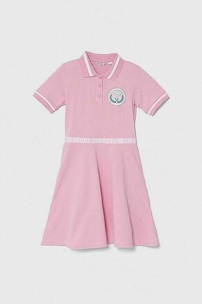 Otroška obleka Guess roza barva - roza. Obleka iz kolekcije Guess. Model izdelan iz pletenine z nalepko. Model iz izjemno udobne tkanine z visoko vsebnostjo bombaža.