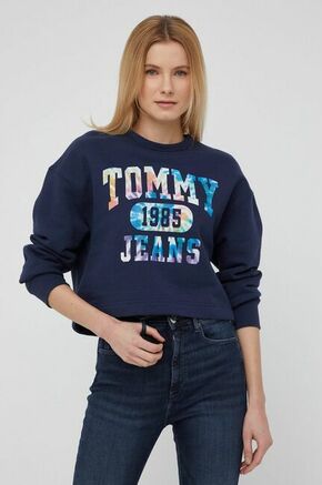 Tommy Jeans bombažni pulover - mornarsko modra. Pulover iz zbirke Tommy Jeans. Model narejen iz tanka
